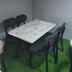 4 Kişilik Masa Sandalye Takımı Antrasit Elma Sandalye Beyaz Mermer Görünümlü Masa