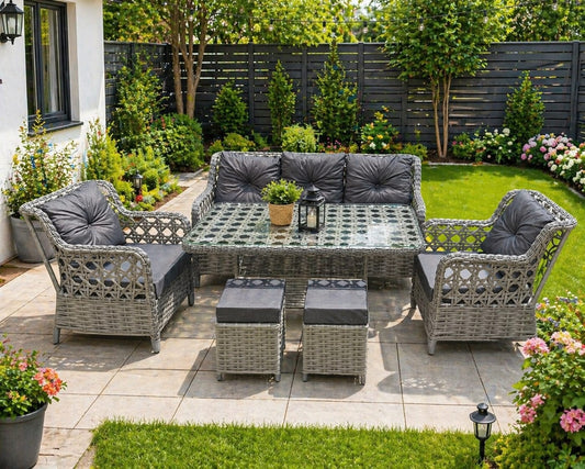 Rattan Balkon Bahçe Teras Oturma Grubu Camlı Masa 3+1+1 ve 2 Puf Antrasit