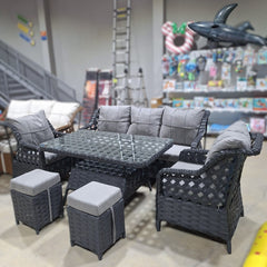 Rattan Balkon Bahçe Teras Oturma Grubu Camlı Masa 3+1+1 ve 2 Puf Antrasit