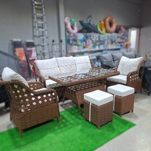 Rattan Balkon Bahçe Teras Oturma Grubu Camlı Masa 3+1+1 Koyu Kahve