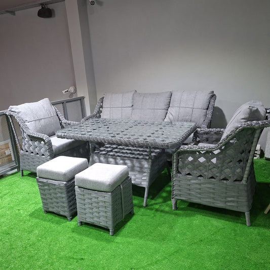 Rattan Balkon Bahçe Teras Oturma Grubu Camlı Masa 3+1+1 ve 2 Açık Gri
