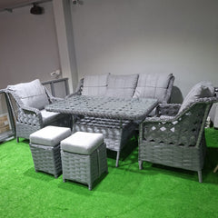 Rattan Balkon Bahçe Teras Oturma Grubu Camlı Masa 3+1+1 ve 2 Açık Gri