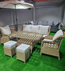 Rattan Balkon Bahçe Teras Oturma Grubu Camlı Masa 3+1+1 ve 2 Kapuçino