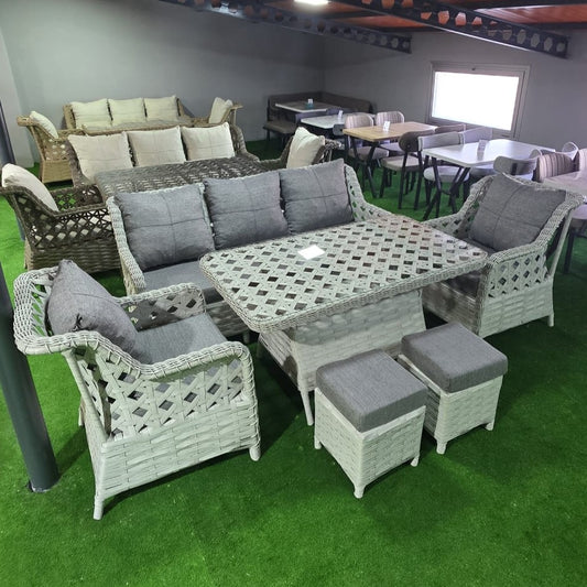 Rattan Balkon Bahçe Teras Oturma Grubu Camlı Masa 3+1+1 ve Puf Grili Kırık Beyaz