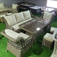 Rattan Balkon Bahçe Teras Oturma Grubu Camlı Masa 3+1+1 ve 2 Puf Kahve