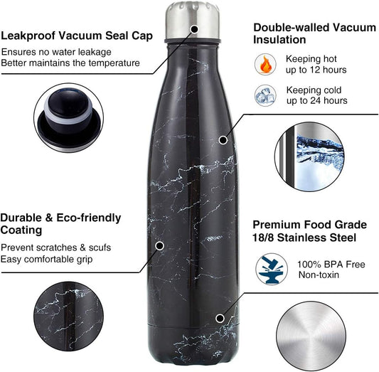 Yalıtımlı Çift Duvar Paslanmaz Çelik Termos Matara 500 ml Siyah Beyaz Damarlı