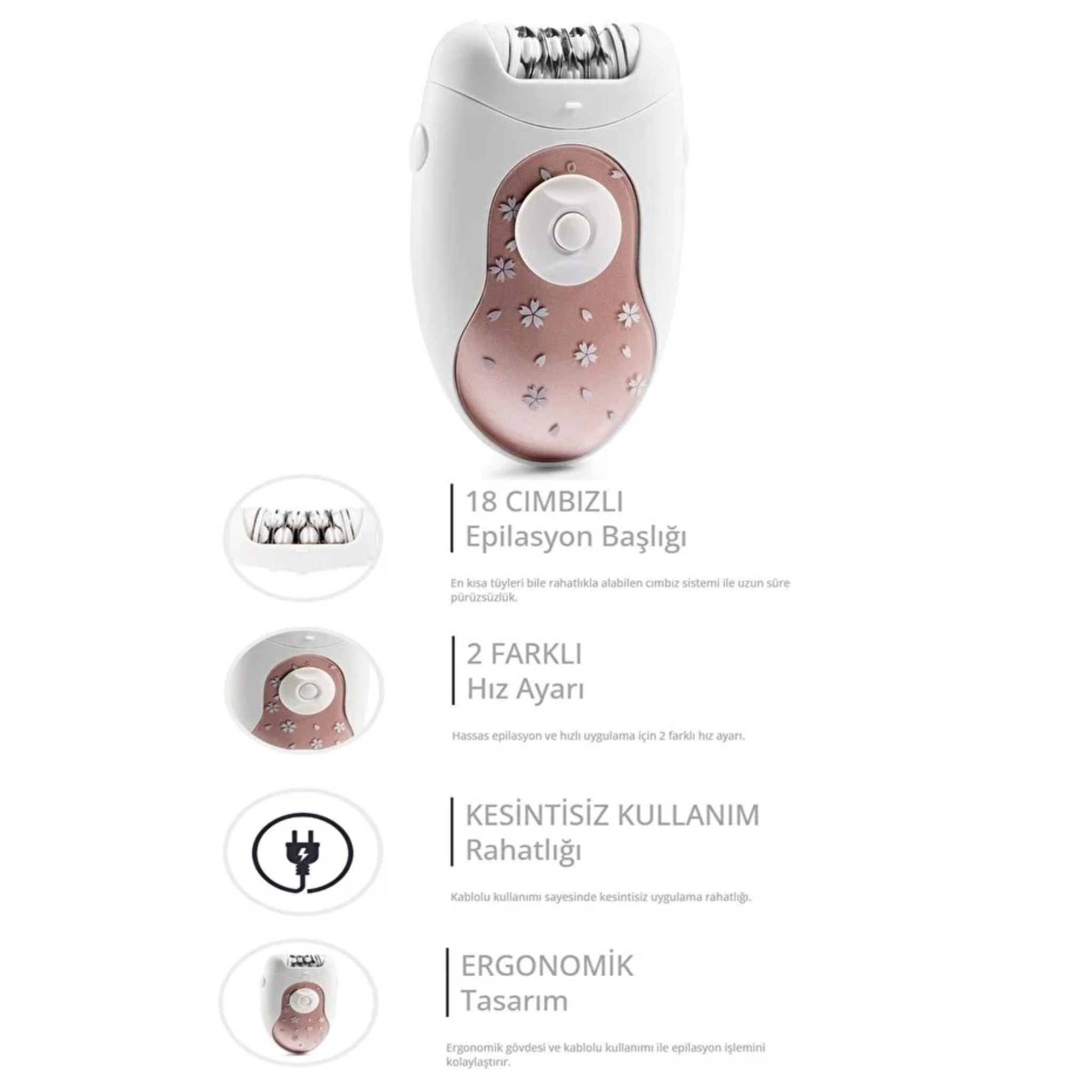 Arzum Rosy 2 Hız Ayarı 18 Cımbızlı Epilatör