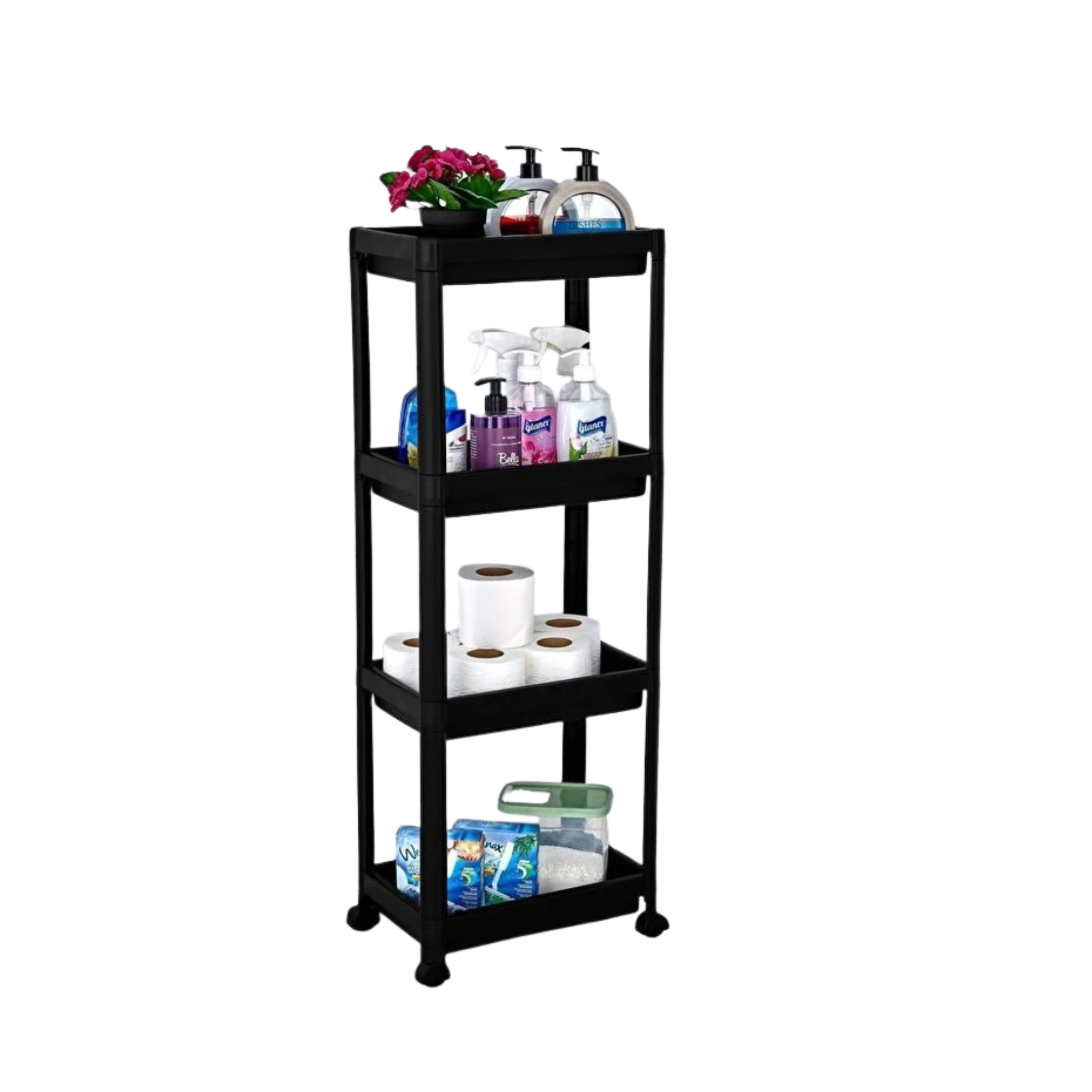 4 Gözlü Mutfak Banyo Rafı Tekerlekli Siyah