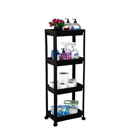4 Gözlü Mutfak Banyo Rafı Tekerlekli Siyah