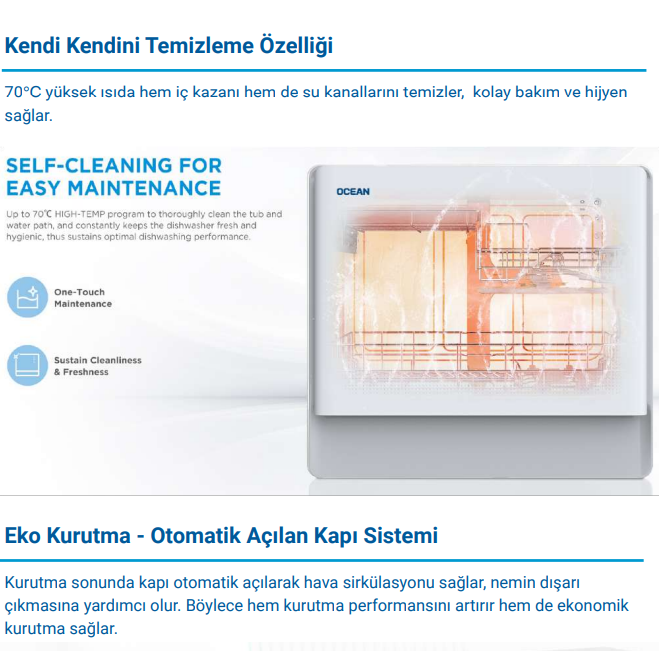 Ocean Tezgah Üstü A+ 6 Program LED Mini Bulaşık Makinesi