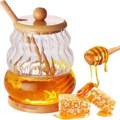 Ahşap Bambu Kapaklı Kaşıklı ve Altlıklı Cam Bal Kavanozu Şeffaf 450ml.