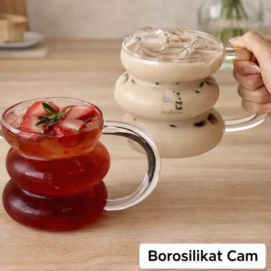 2'Lİ Boğumlu Saplı Borosilkat Cam Bardak Kupa 400 ml.