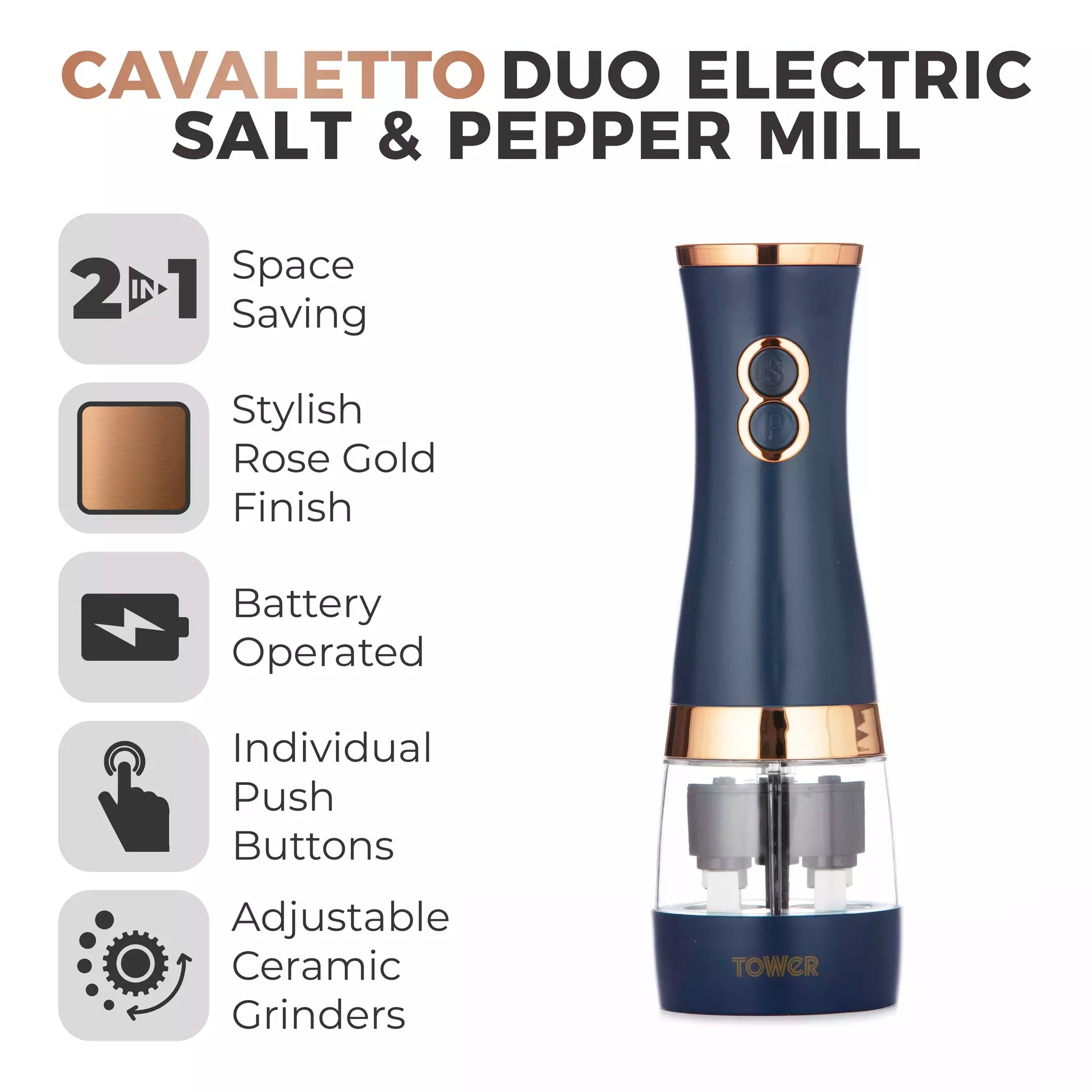 Tower Cavaletto Duo Tuz ve Karabiber Değirmeni Gece Mavisi