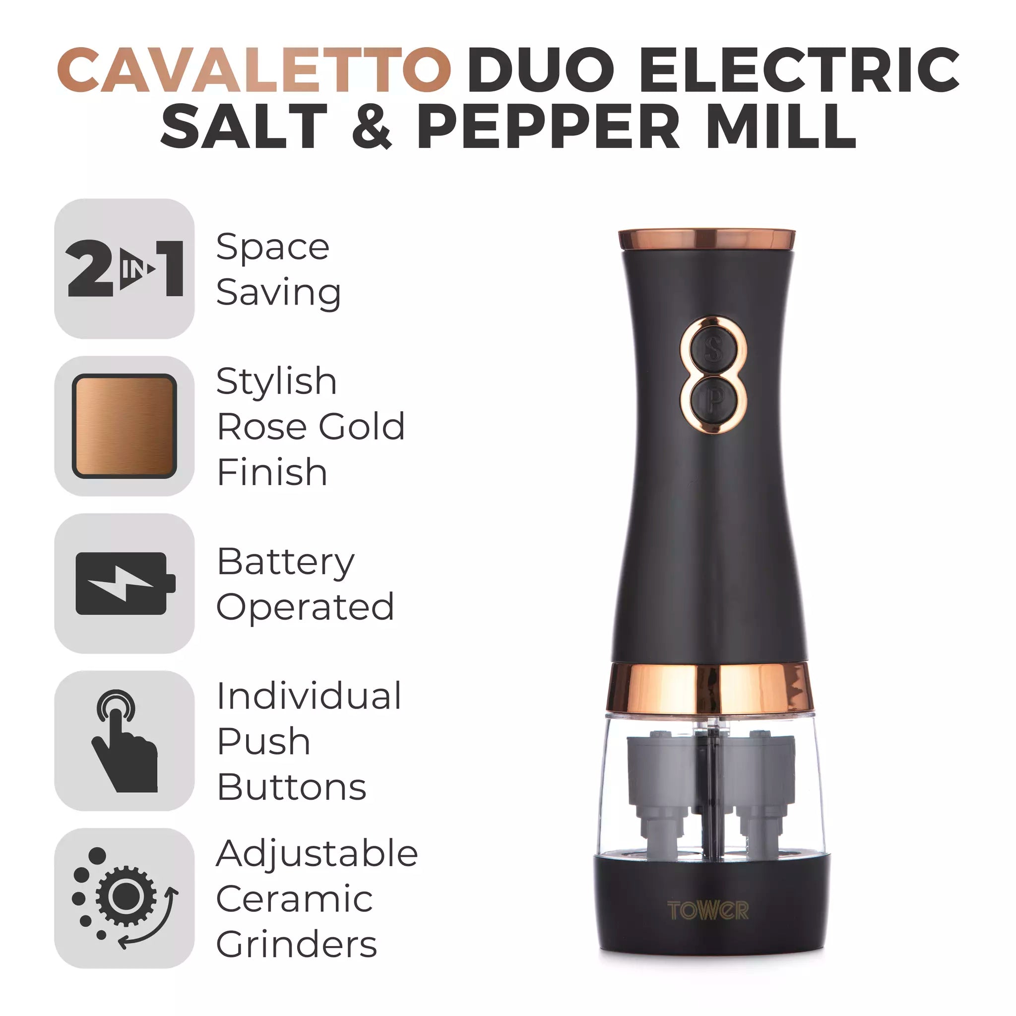 Tower Cavaletto Duo Tuz ve Karabiber Değirmeni Siyah