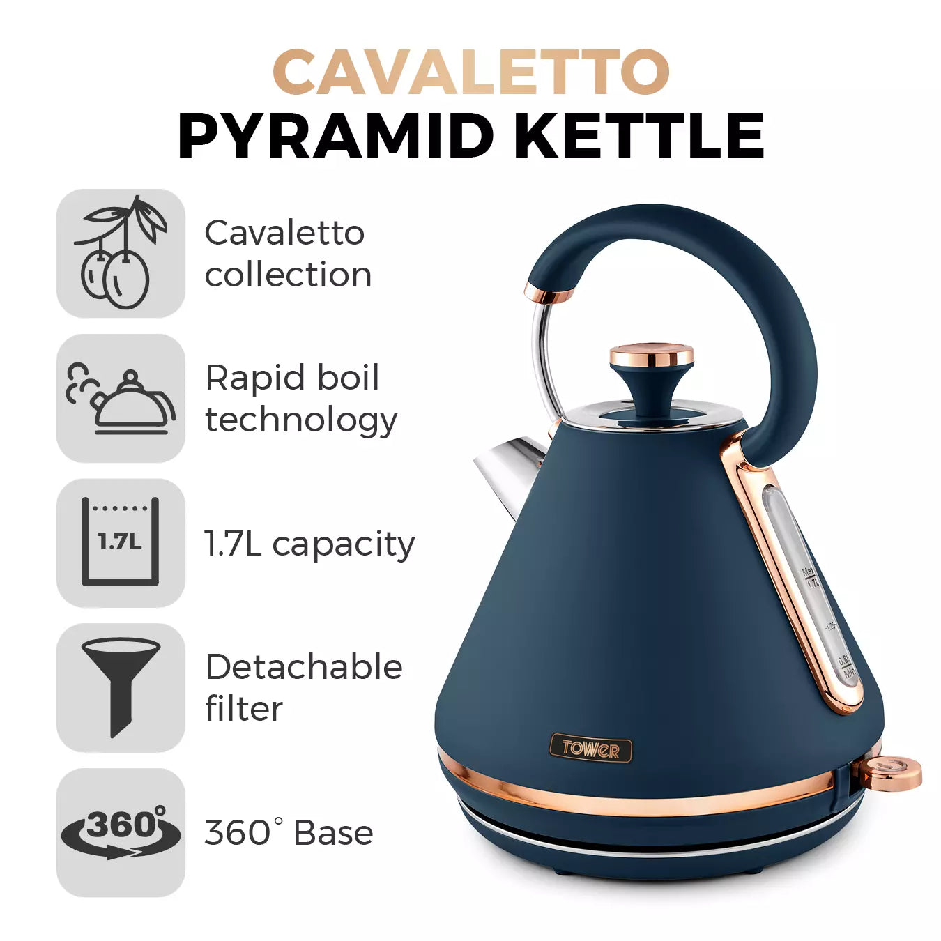 Tower Cavaletto 1.7 Lt Hızlı Kaynatma Su Isıtıcısı Kettle Siyah Gece Mavisi