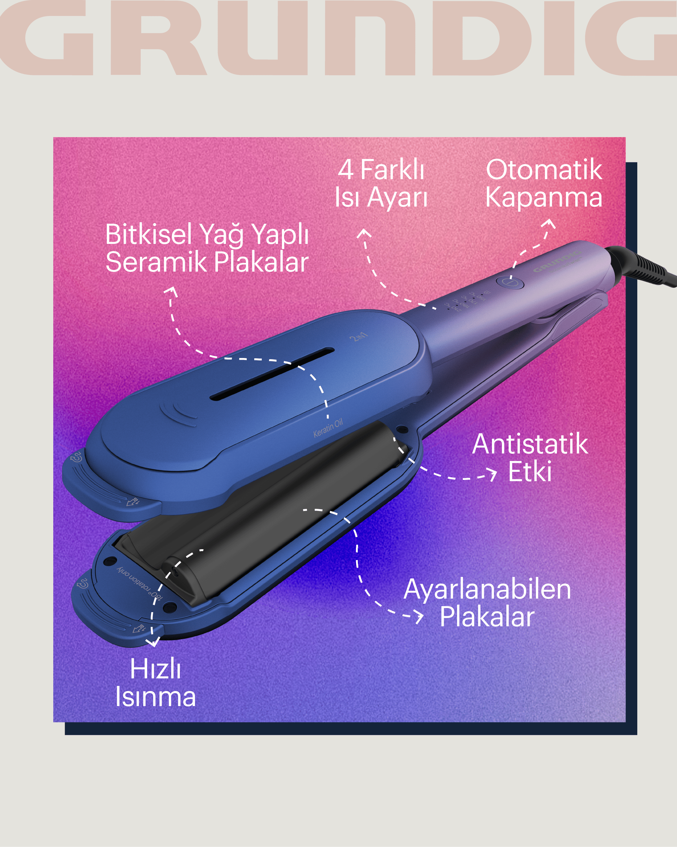Grundig Botanika Twist Saç Düzleştirici ve Wag Maşası Pembe-Mor