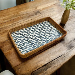 Balık Desenli Üçlü Rattan Tepsi