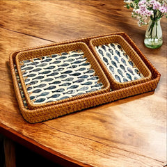 Balık Desenli Üçlü Rattan Tepsi
