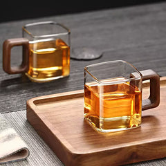 Wooden-Handled Square-Designed Borosilicate Glass Coffee Cup