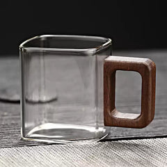 Wooden-Handled Square-Designed Borosilicate Glass Coffee Cup