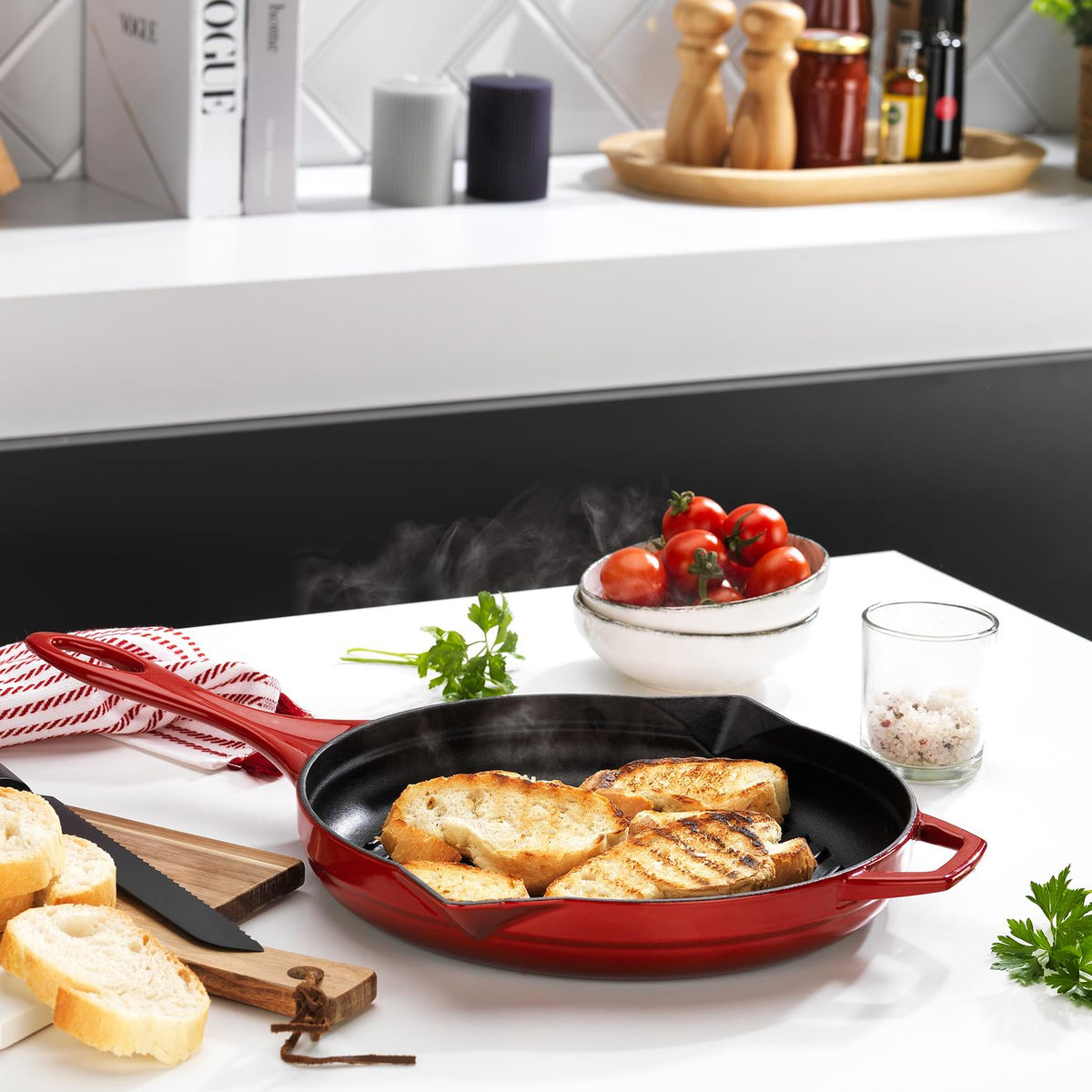 Schafer Guss Chef 28 Cm Döküm Yuvarlak Grill Tava Kırmızı